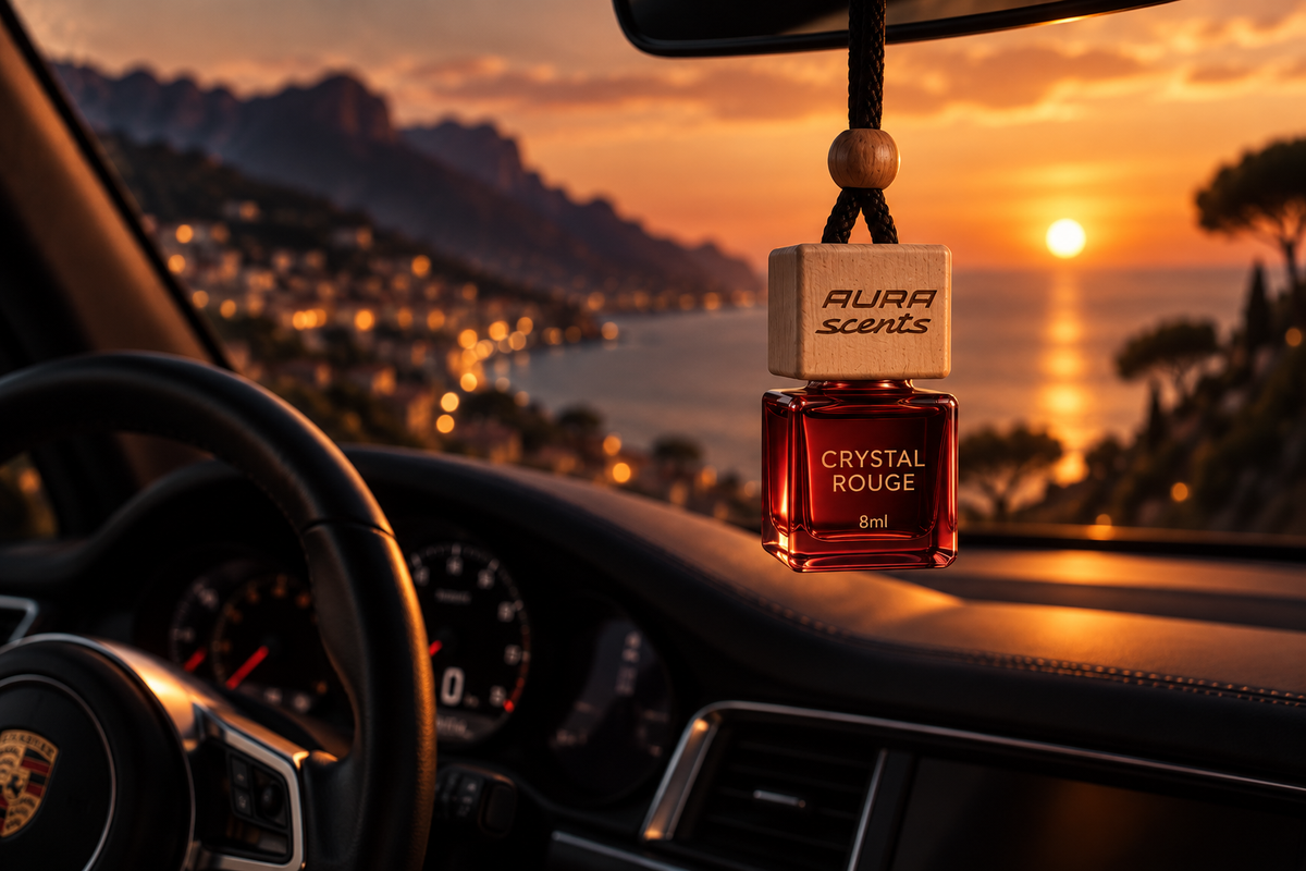 Aura Scents car diffuser hanging inside a vehicle