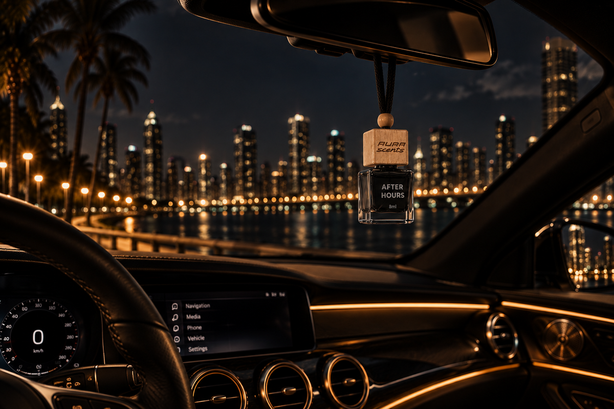 Aura Scents car diffuser hanging inside a vehicle