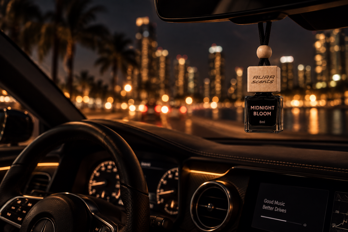 Aura Scents car diffuser hanging inside a vehicle