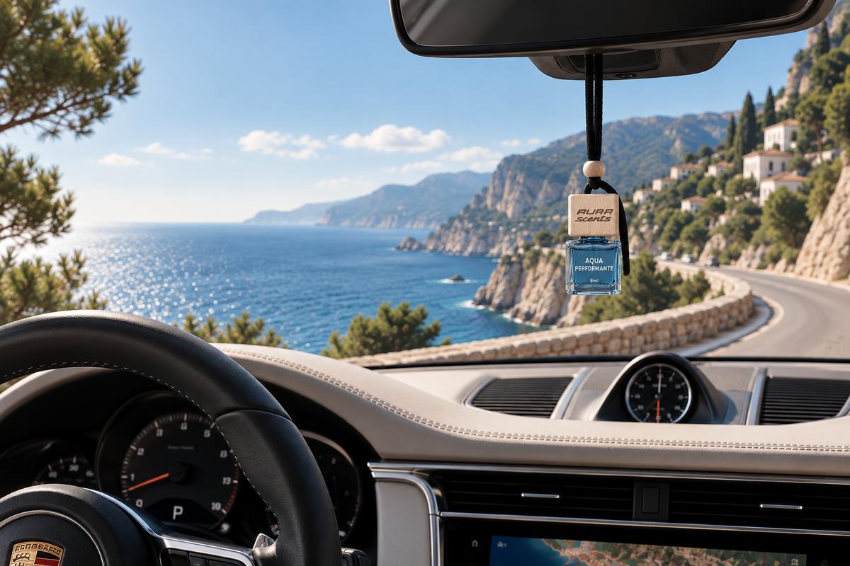Aura Scents car diffuser hanging inside a vehicle