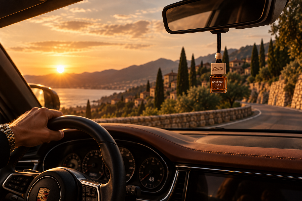 Aura Scents car diffuser hanging inside a vehicle