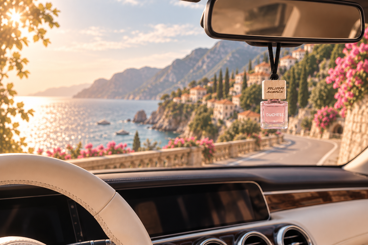 Aura Scents car diffuser hanging inside a vehicle
