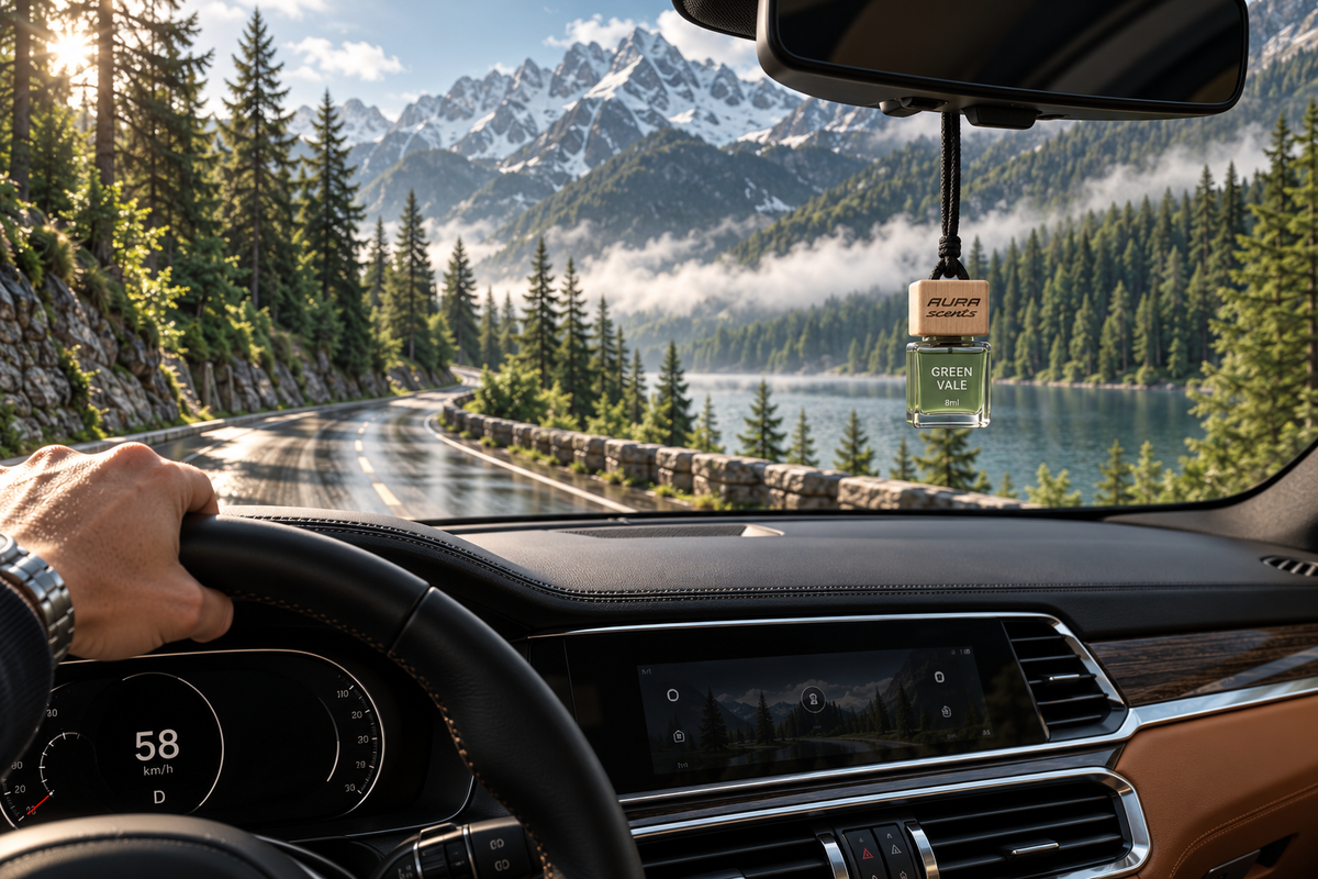 Aura Scents car diffuser hanging inside a vehicle