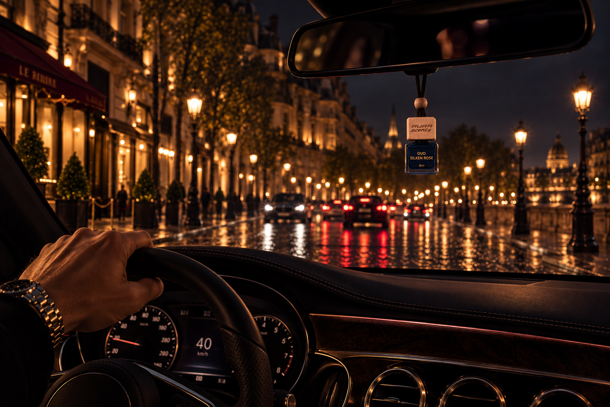 Aura Scents car diffuser hanging inside a vehicle