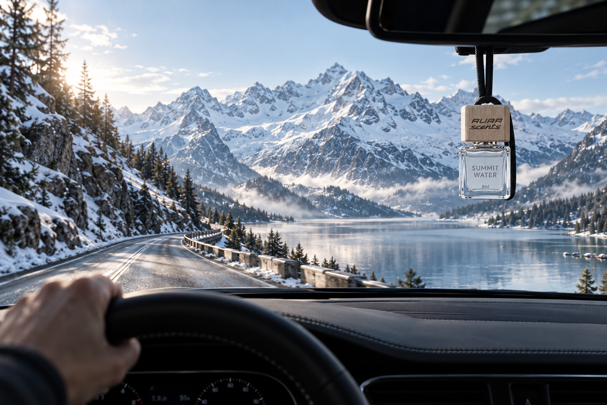 Aura Scents car diffuser hanging inside a vehicle