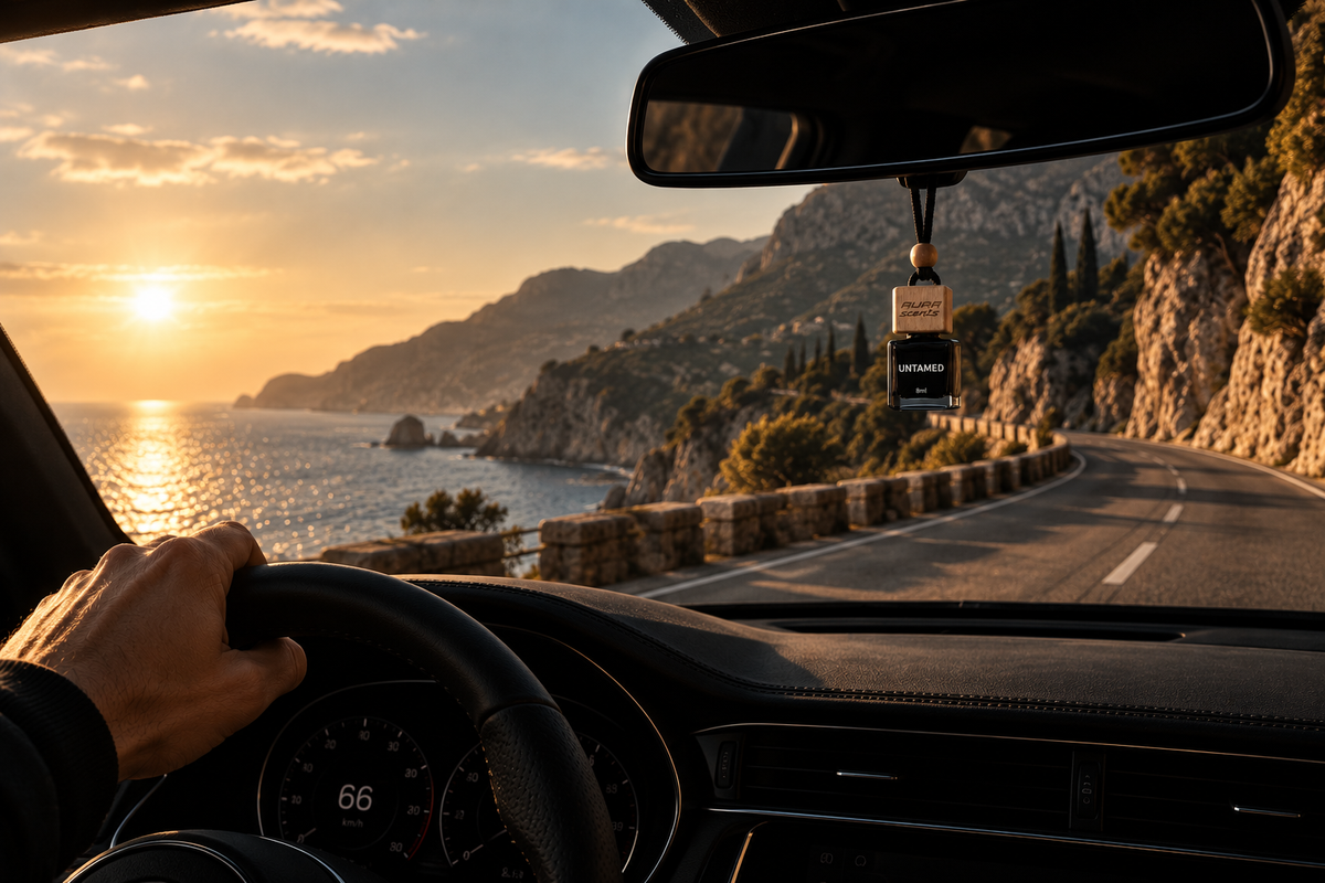 Aura Scents car diffuser hanging inside a vehicle